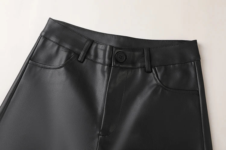 Women's High Waist Faux Leather Wide Leg Fleece Pants