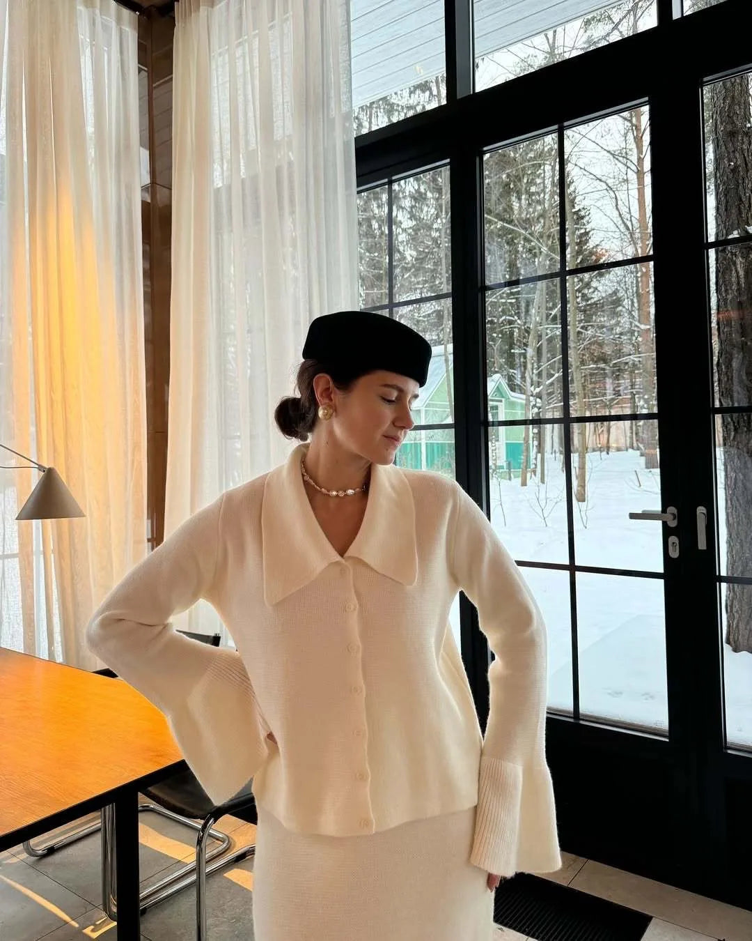 Hirsionsan Sexy Soft Elegant Vintage Women Suits 2 Pieces Female Sets Polo Neck Cardigan Sweater & Midi Dress Knitted TrackSuit