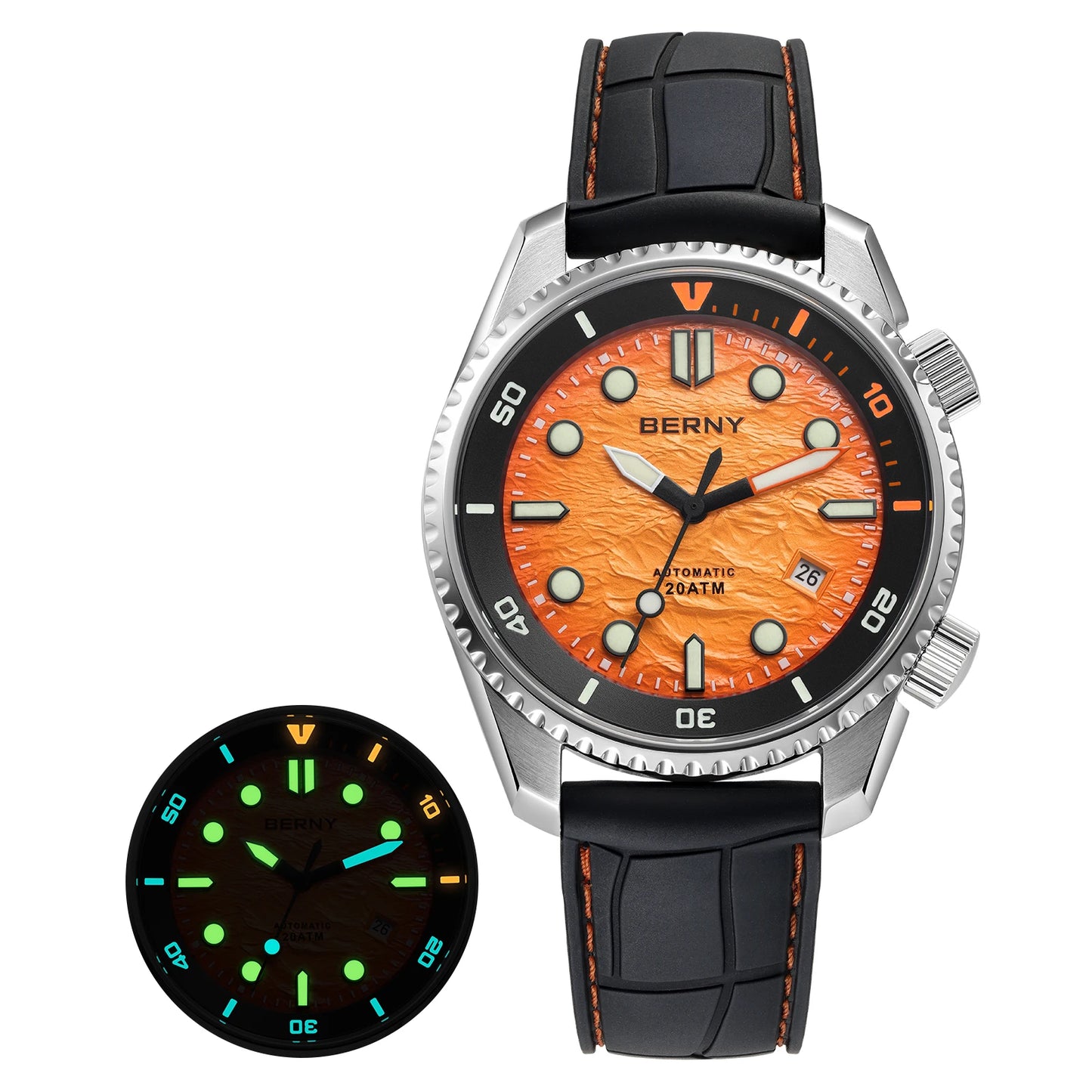 BERNY Automatic Diver Watch for Men Top Luxury Sapphire 316L Steel New Wave Dial 200M Waterproof Mechanical Diving Men's Watches