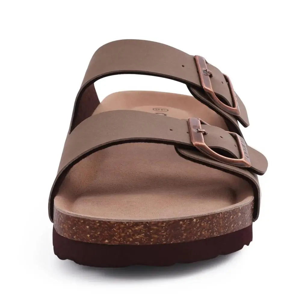 Evshine Leather Cork Footed Clogs Sandals For Women Fashion Flat Mules Slippers with Arch Support Men Double Buckle Cork Slides