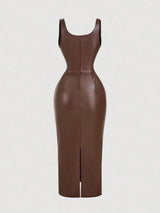Women's Elegant Burgundy Sleeveless Fitted PU Dress