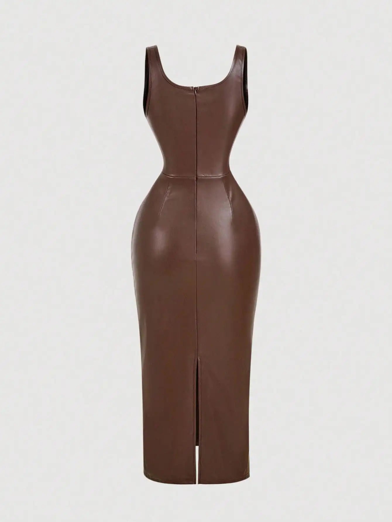 Women's Elegant Burgundy Sleeveless Fitted PU Dress