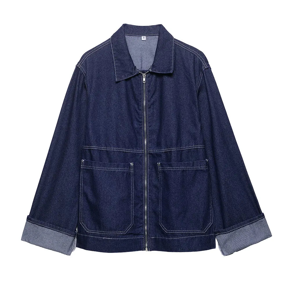 Chic Blue Denim Jacket – USA-Made Casual Lapel Outerwear with Pockets