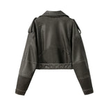 2025New Coal graysty le Women's washed leather jacket with belt, short coat with downgraded zipper and vintage lapel jacket