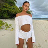 Cryptographic Casual Fashion Striped Knitted Two Piece Sets Long Sleeve Sweaters Off Shoulder Top and Shorts Matching Sets Solid