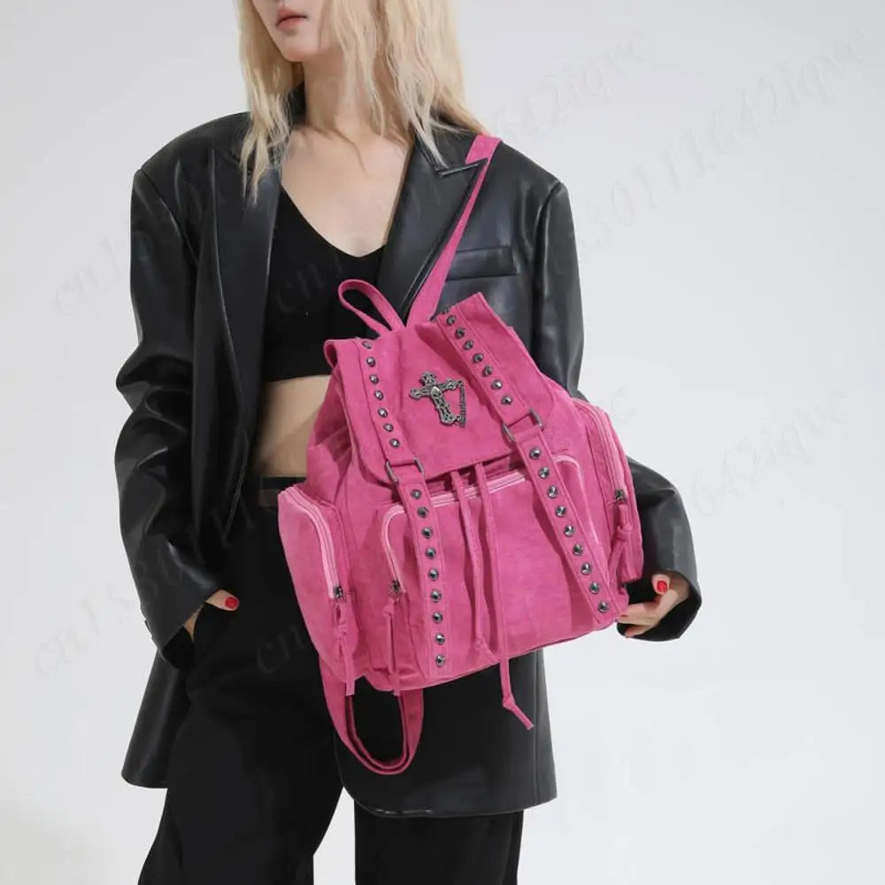 Gothic Punk Backpack Rivets Student School Bag Vintage Duffel Bag with Cross Stud Design Women Large Capacity Travel Bag