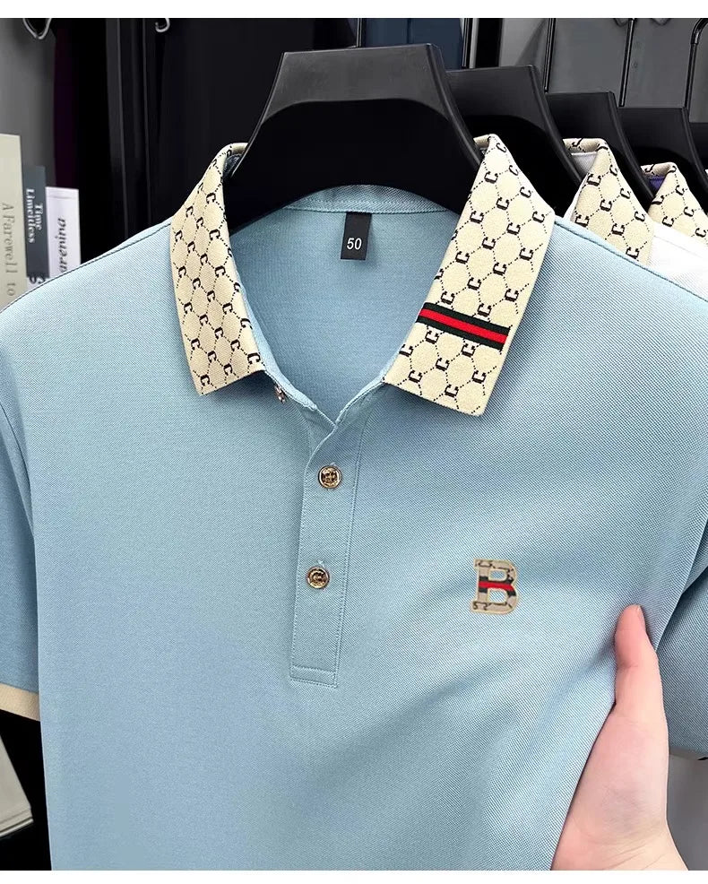 B Letter Embossed Short Sleeve Polo Shirt for Men