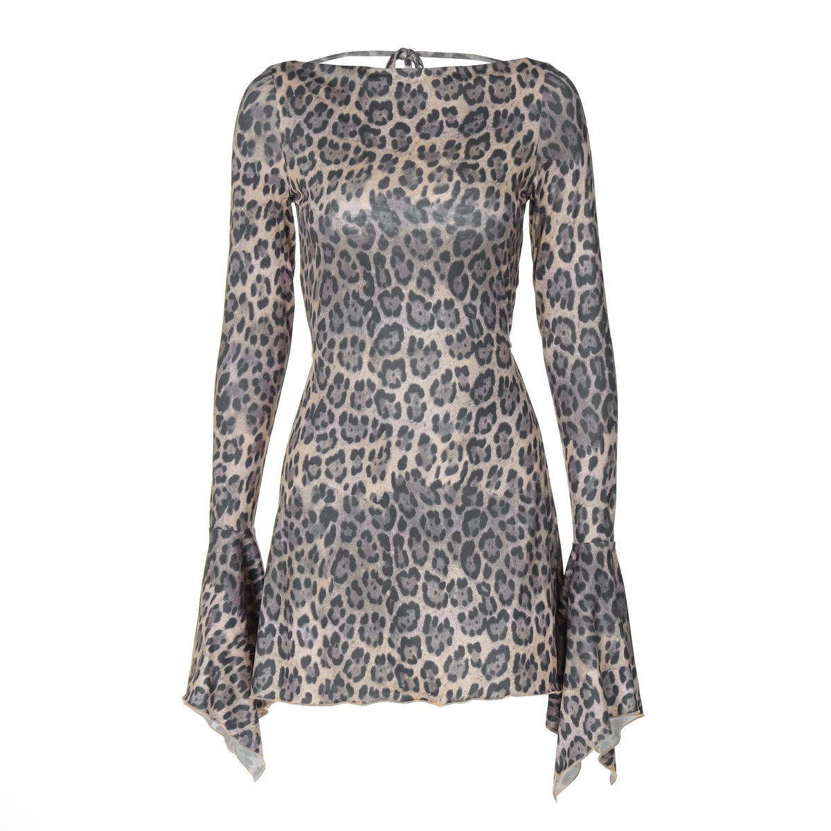 Leopard Print Backless Lace-Up Flare Sleeve Mini Dress