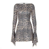Leopard Print Backless Lace-Up Flare Sleeve Mini Dress