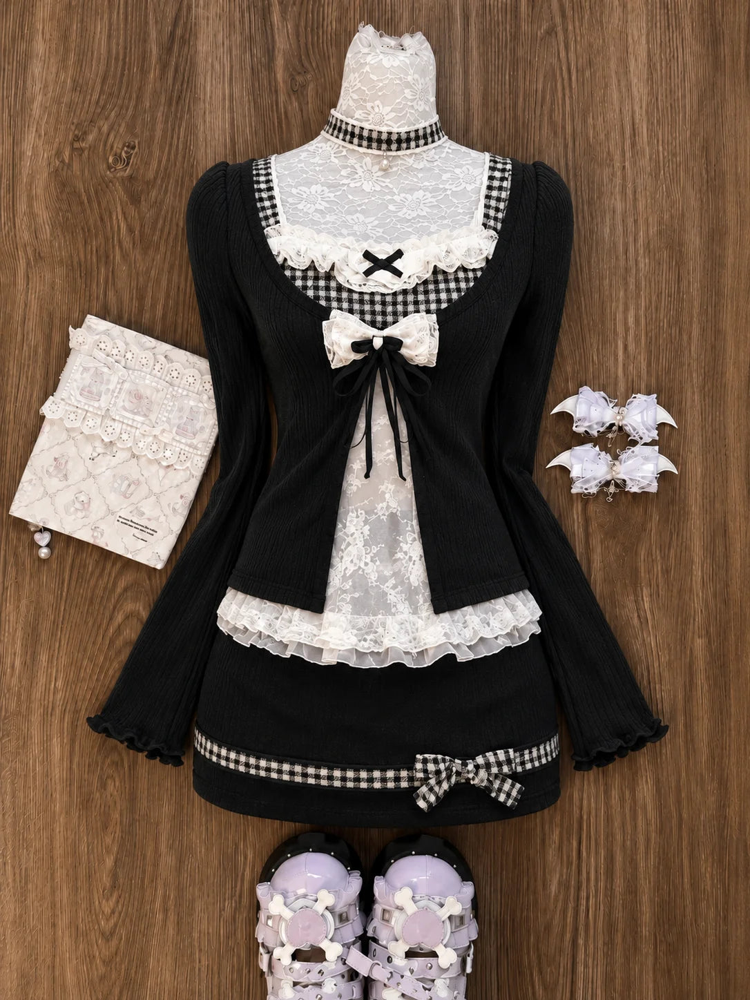 Japanese Sweet Preppy Style Skirt Set Women Kawaii Lace Patchwork Bow Tops + Y2k Plaid Mini Skirt Elegant Outifits 2 Piece Set