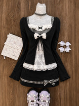 Japanese Sweet Preppy Style Skirt Set Women Kawaii Lace Patchwork Bow Tops + Y2k Plaid Mini Skirt Elegant Outifits 2 Piece Set