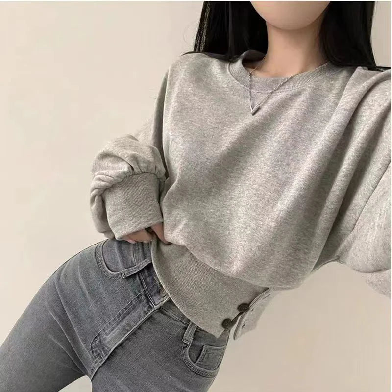 Autumn Women Solid O-Neck Slim Crop Top Lantern Sleeve With Button  Sweat Casual Hip-Hop Sporty Pullover Sweet Chic Street Wear