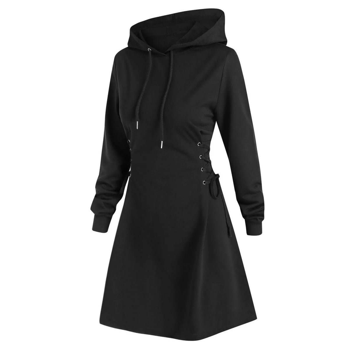 Women Autumn Sweatshirt Dresses Side Lace-Up Waist In Long Sleeve Solid Color Hooded Pullover Tops Casual Long Loose Hoodies