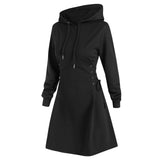Women Autumn Sweatshirt Dresses Side Lace-Up Waist In Long Sleeve Solid Color Hooded Pullover Tops Casual Long Loose Hoodies