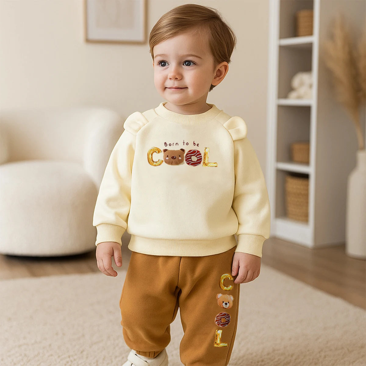 Toddler Boys’ 2-Piece Winter Fleece Set - Funny Bear Thick Pullover & Printed Pants