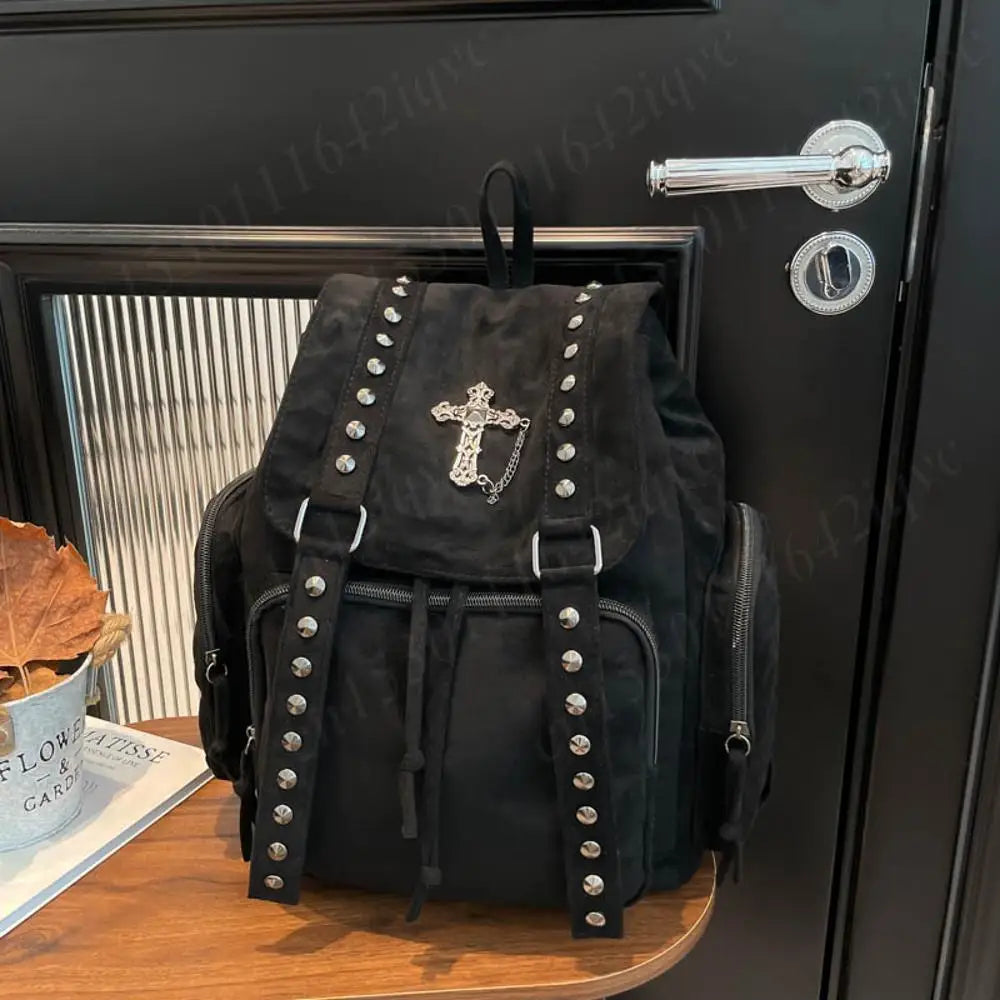 Gothic Punk Backpack Rivets Student School Bag Vintage Duffel Bag with Cross Stud Design Women Large Capacity Travel Bag