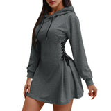Women Autumn Sweatshirt Dresses Side Lace-Up Waist In Long Sleeve Solid Color Hooded Pullover Tops Casual Long Loose Hoodies
