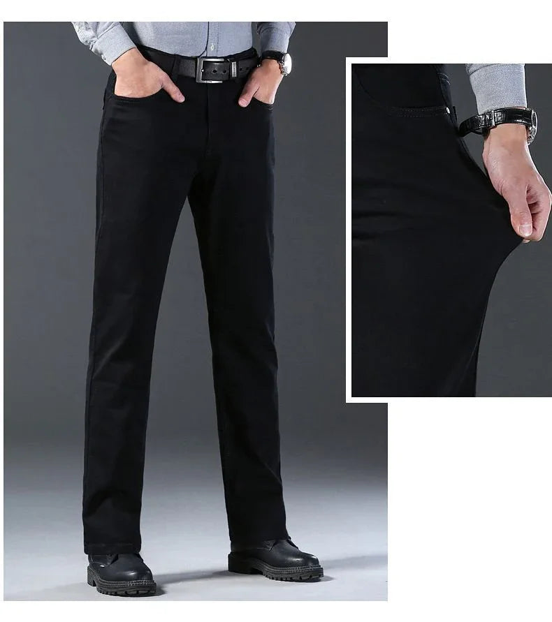 High Quality Autumn Winter Solid Color Black Men's Jeans Classic Stretch Denim Pants Work Business Cotton Trousers Plus Size 40
