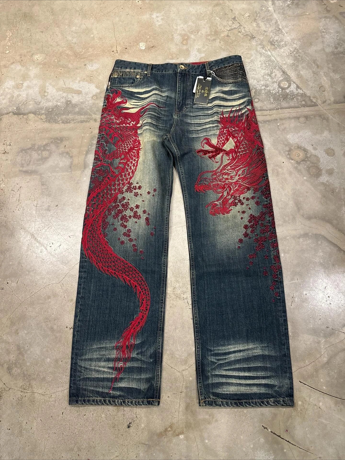 Harajuku Dragon & Snake Embroidered Wide-Leg Jeans