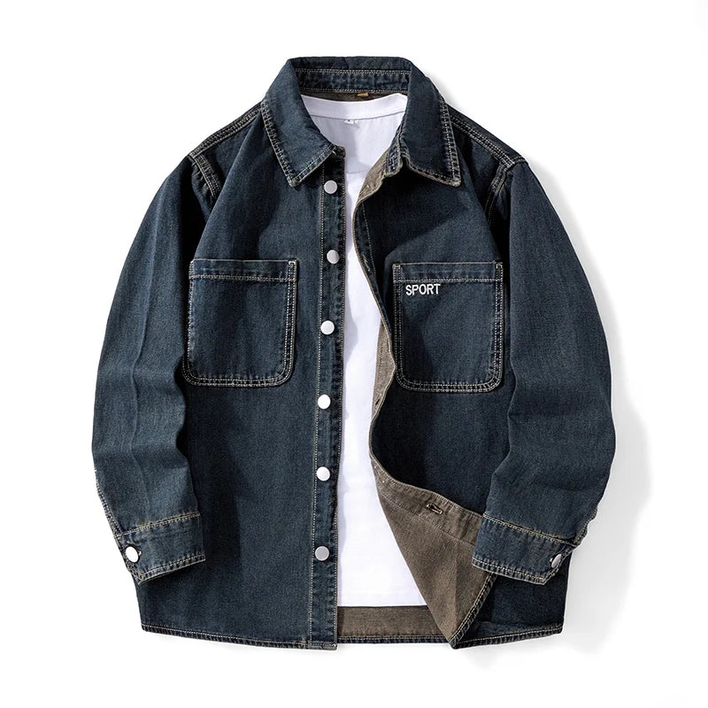 Heavy duty washed denim jacket for men vintage blue lapel long sleeved shirt style jacket casual and loose outer wear