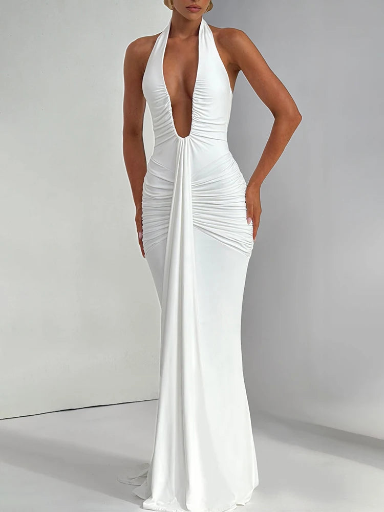 Elegant Deep V-Neck Halter Maxi Dress