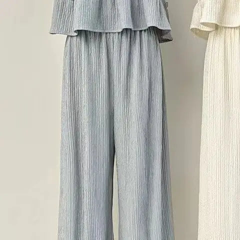 Faionable round Ne Svel Top High Waist Straight Leg Pants Women's Summer New Sle Korean Version Two-Piece Set