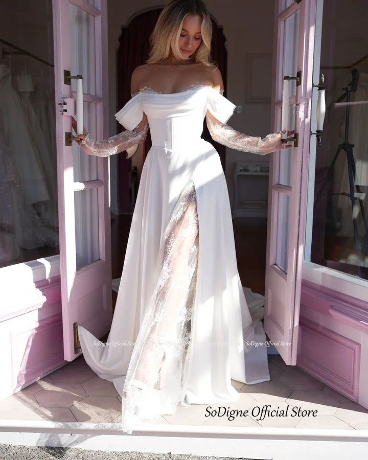 A-line Wedding Dresses Off Shoulder Long Sleeve Satin/Lace Bridal Dress Elegant Bride Gown vestidos de novia customized