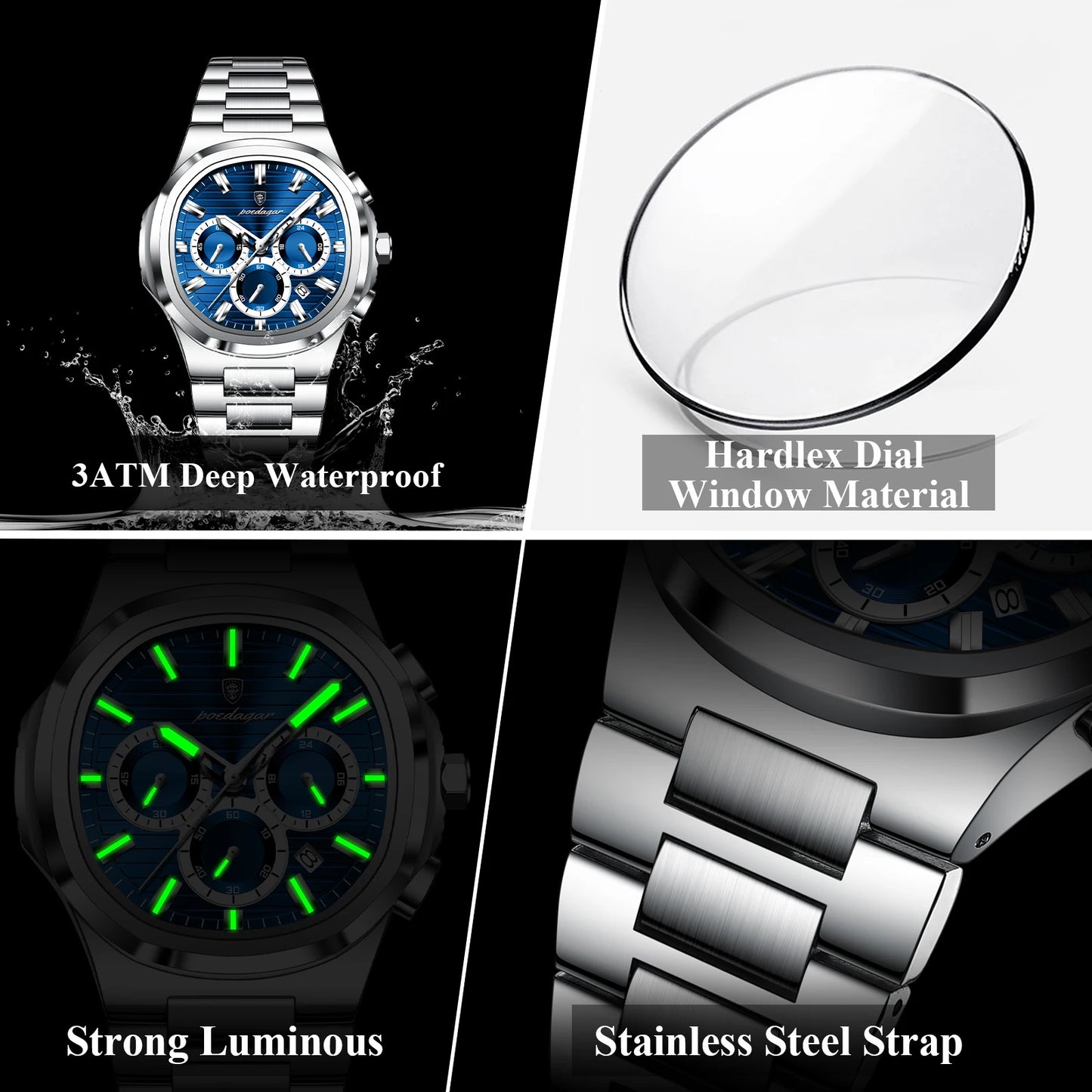 POEDAGAR Top High Quality Man Watch Luminous Waterproof Stainless Steel Men Clock Date Chronograph Quartz Business Men's Watches