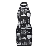 Vintage Print Halter Bodycon Mini Dress | Y2K Streetwear