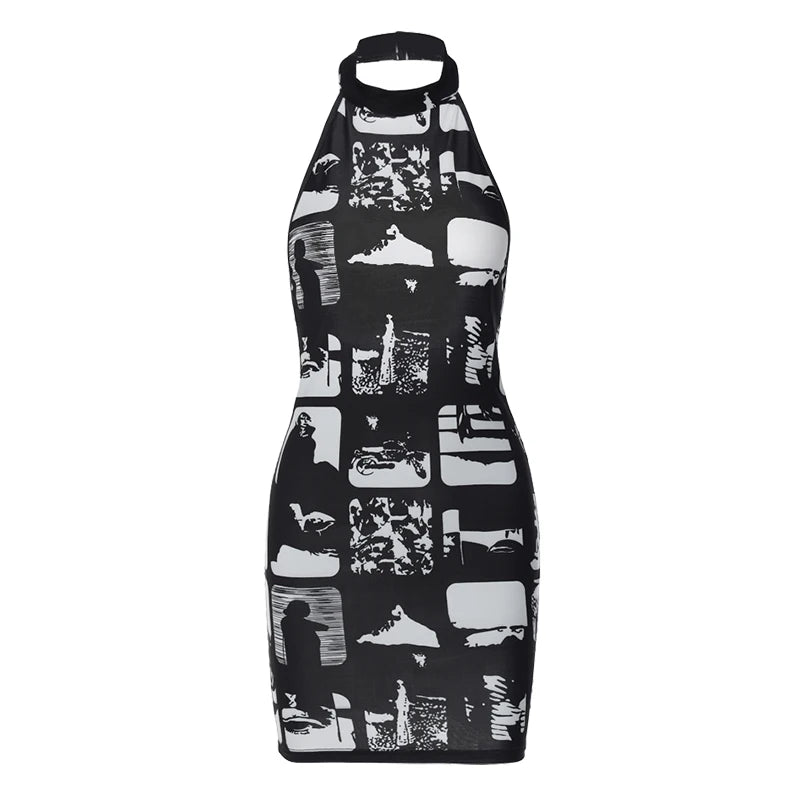Vintage Print Halter Bodycon Mini Dress | Y2K Streetwear