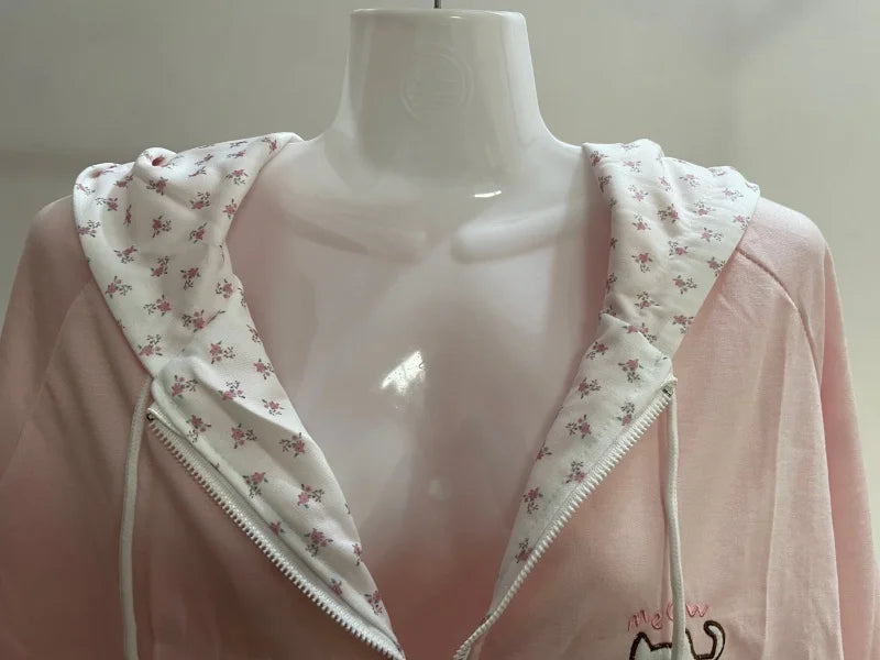 Women's Cat & Floral Print Zip-Up Hoodie
