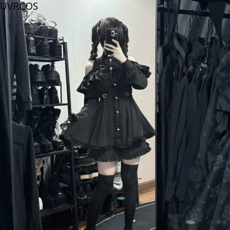 Y2K Gothic Lolita Bow & Ruffle Set