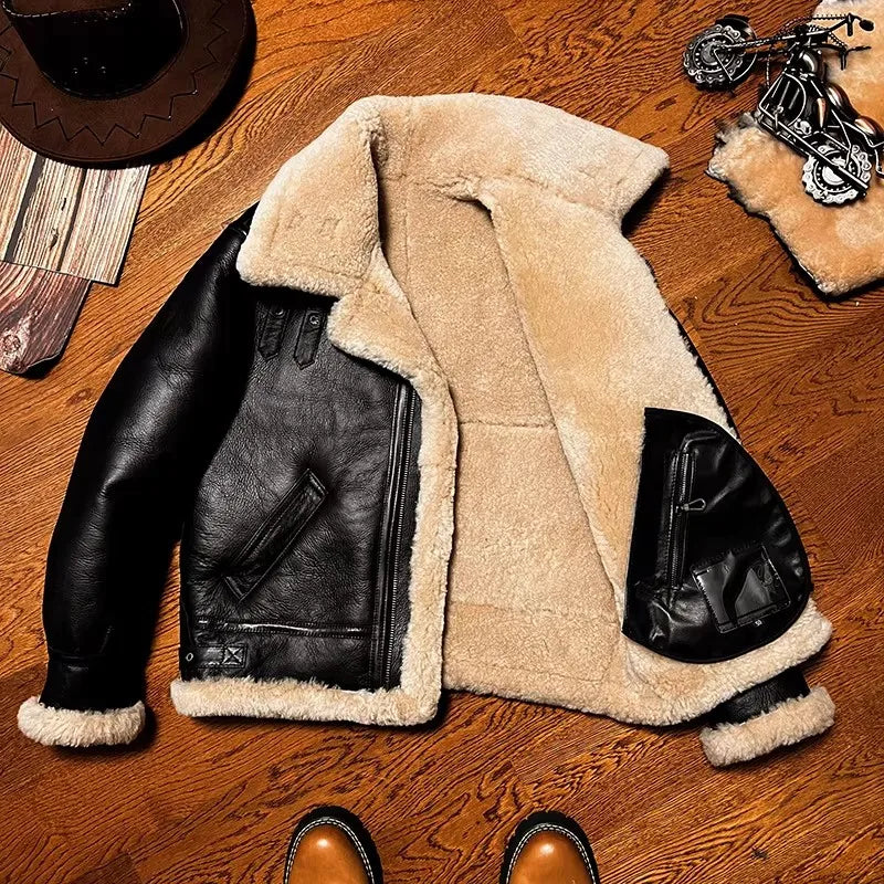 CC Shop Best.Mens High Quality 100% Natural Fur Jacket.Classic B3 Winter Warm Thick Leather Coat.100% Sheepskin with Wool.