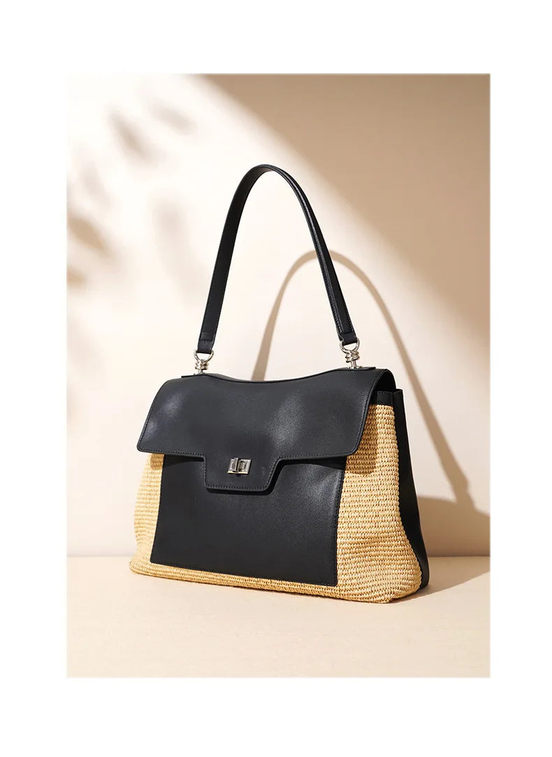Summer 2026 Women's Raffia Woven Tote Bag Split Leather Crossbody Straw Messenger Bag Grass Weaving Shoulder Bag for Ladies New