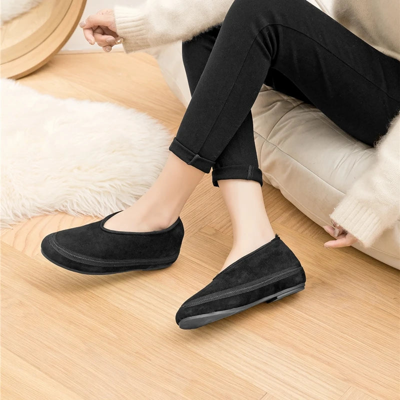 AIYUQI Women's Fur-Lined Leather Ballet Flats – Winter Comfort