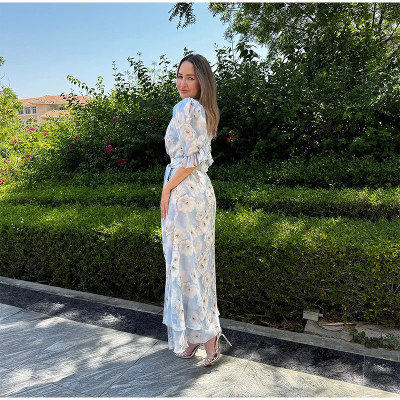 Print Chiffon Long Dress Women V Neck Half Sleeves High Waist Ruffles Belts Split Robe Female 2026 Summer Chic Vacation Dresses