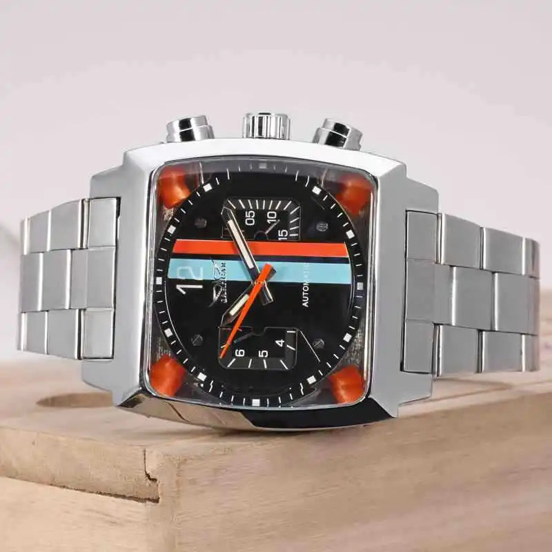 JARAGAR 569 Retro Square Dial Unique Men's Automatic Mechanical Watch Calendar Week Steel Strap Casual Men's Clock Reloj Hombre