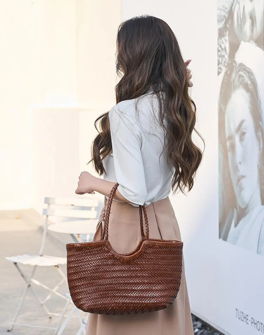 Hand-woven Genuine Leather Woven Casual Vegetable Basket Bag with Casual Woven Inside Bag Shoulder Underarm Tote Bag