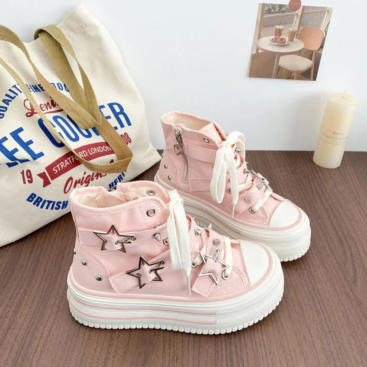 Women's High-Top Canvas Platform Sneakers — Rivet Buckle Lace-Up