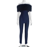 Elegant Off-Shoulder Fur Jumpsuit - Luxury Bodycon Party Wear