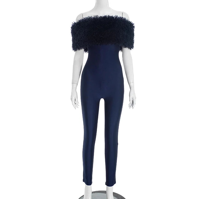 Elegant Off-Shoulder Fur Jumpsuit - Luxury Bodycon Party Wear