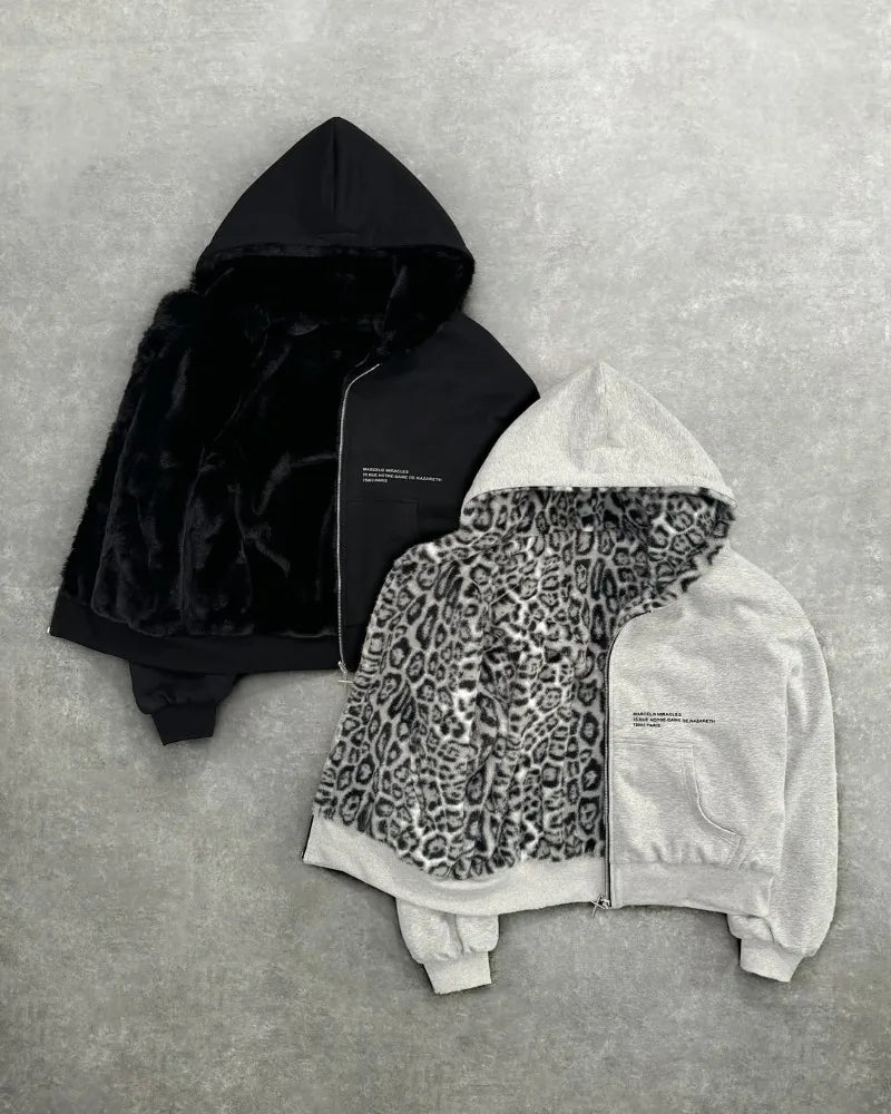 Leopard Print Two Sides Retro Fashion Wearing Loose Zipper Hoodie Men High Street Trend Punk Casual Oversized Sweatshirts Women
