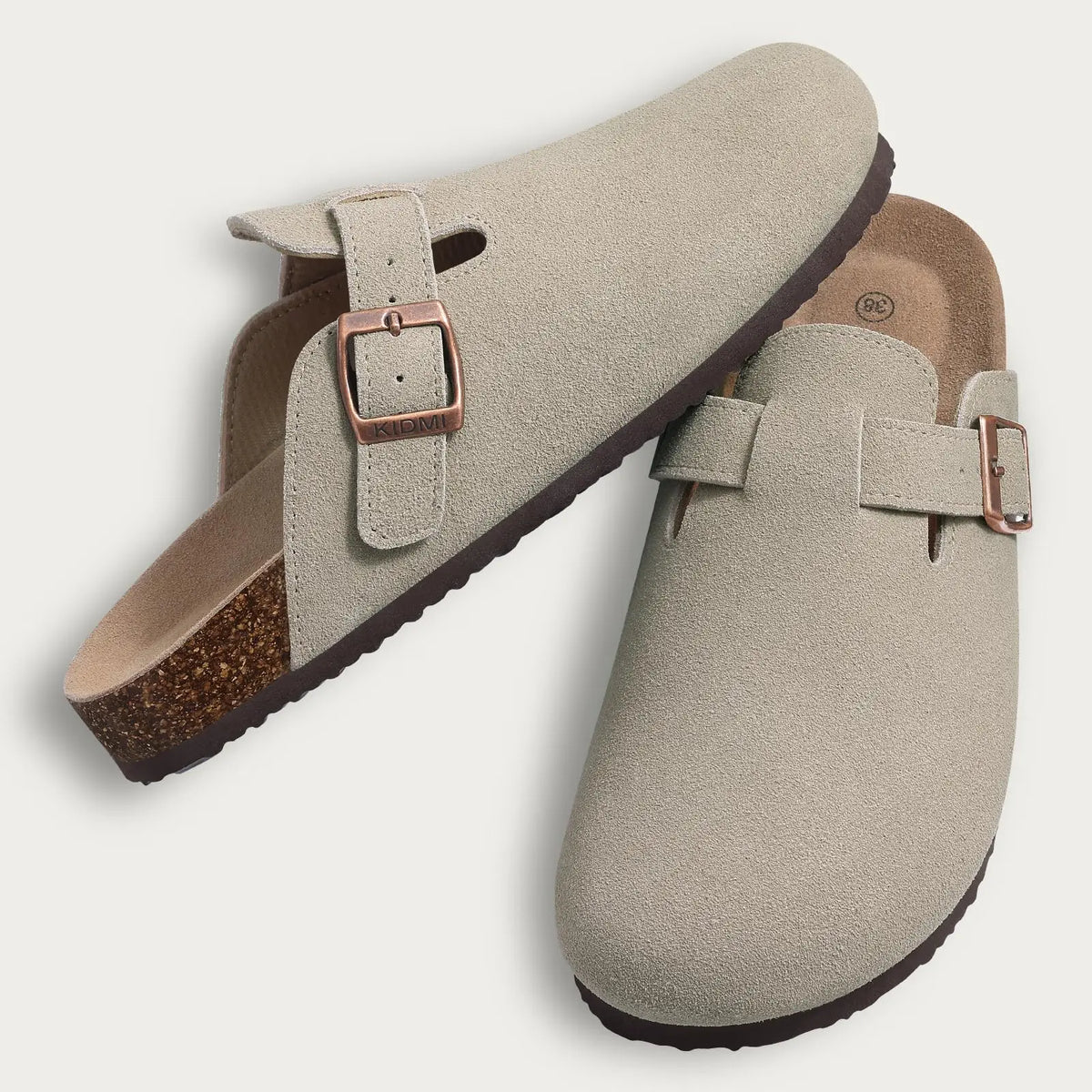 Evshine Men's Suede Clogs Fashion Leather Mules Cozy Footbed Slippers With Adjustable Buckle AntiSlip Cork Slippers Unisex Mules