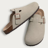 Evshine Men's Suede Clogs Fashion Leather Mules Cozy Footbed Slippers With Adjustable Buckle AntiSlip Cork Slippers Unisex Mules