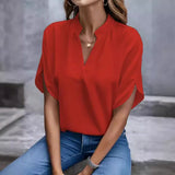 V Neck Short Sleeve Loose Blouse Women Casual Solid Color Top Office Lady Elegant Summer Shirt Plus Size Pullover Tops