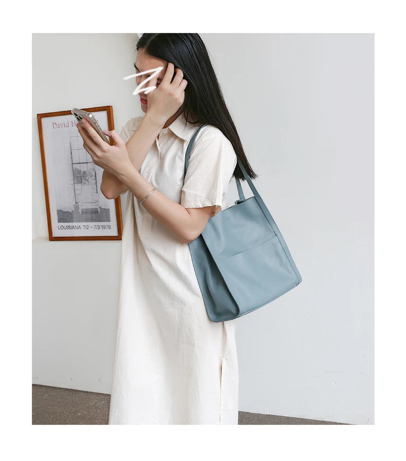 2025 New Women Bag Female Luxury Fashion Shoulder Bags Lady Soft 100% Cowhide Genuine Leather Niche Design Tote Bucket Handbag