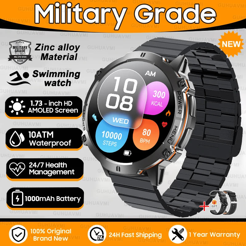 2025 New 1000mAh Battery Sports SmartWatch 1.73" AMOLED Screen 10ATM Waterproof Compass Altimeter Military T-Rex3 Smartwatch Men