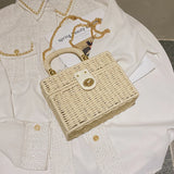 Rattan Straw Shoulder Bag Women Boho Hand-Woven Basket Messenger Pouch Summer Beach Square Box Top-handle Handbag