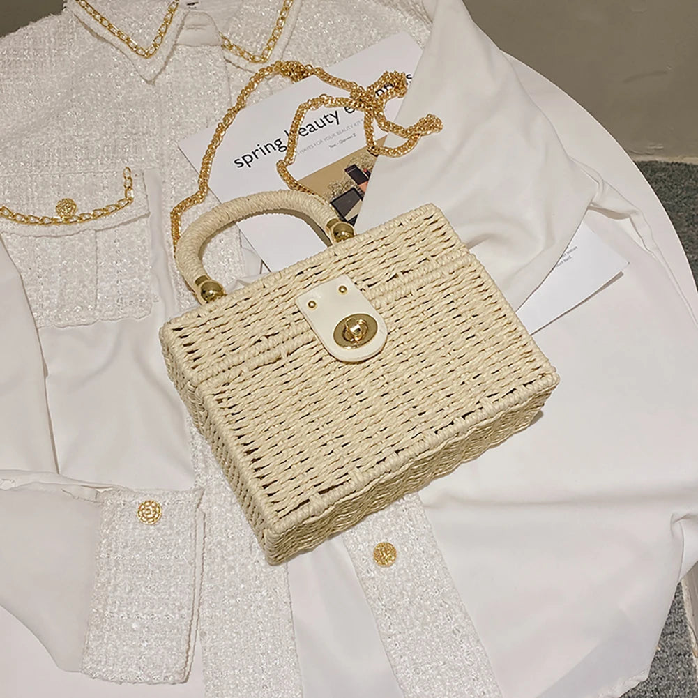 Rattan Straw Shoulder Bag Women Boho Hand-Woven Basket Messenger Pouch Summer Beach Square Box Top-handle Handbag