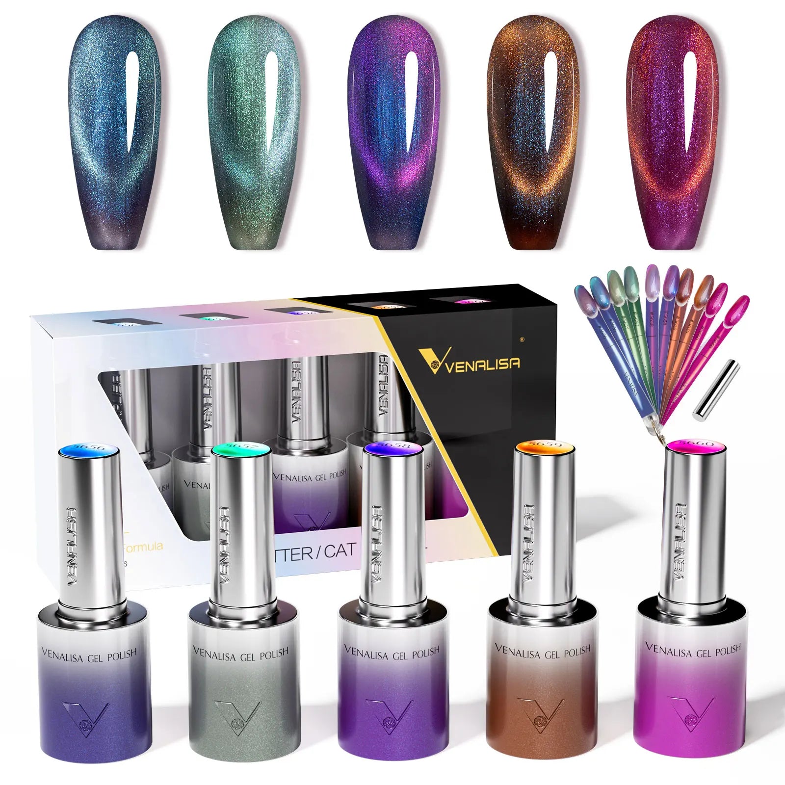 5pcs*10ml/kit VENALISA HEMA FREE TPO FREE Glitter Red Cat Eye Gel Nail Polish Ultra Diamond Gel UV LED Soak Off Nail Manicure